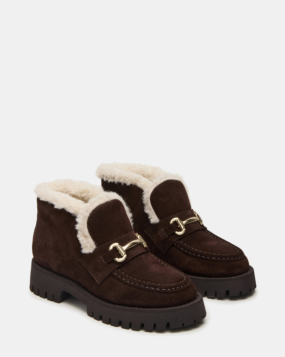 LEON Faux Fur Chocolae Brown Suede Platform Lug Sole Women's Loafer | Steve Madden for Sale