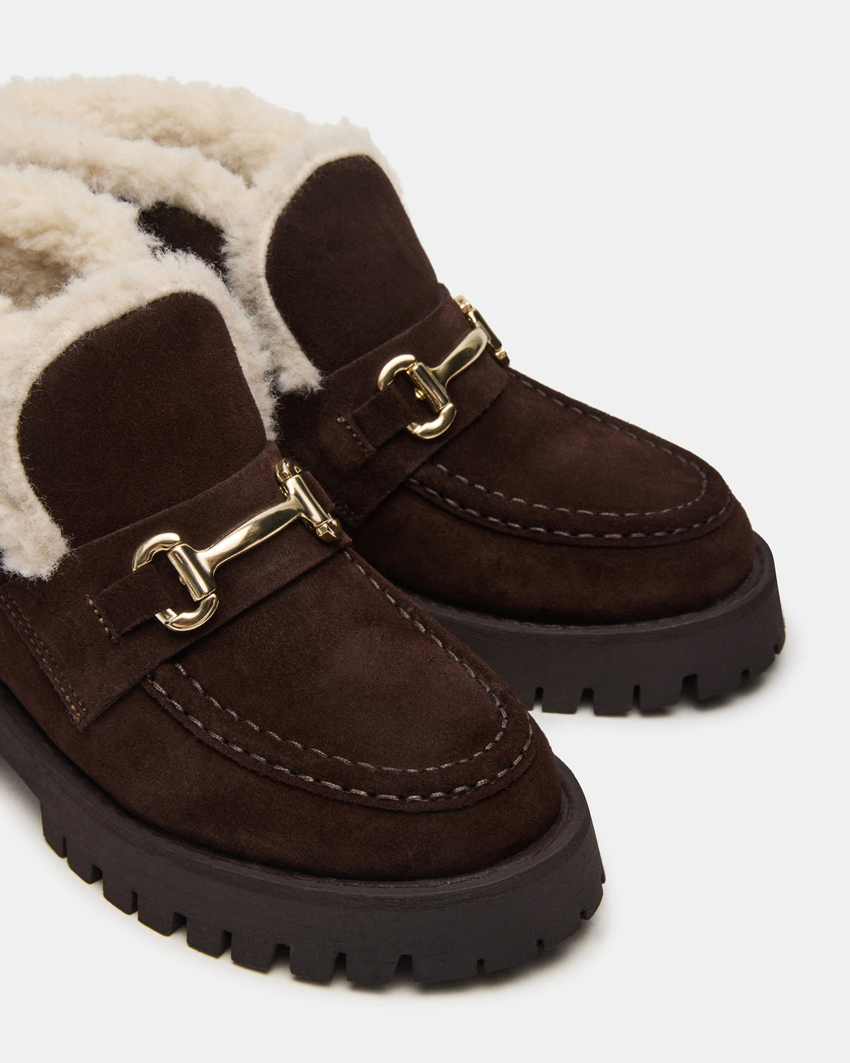 LEON Faux Fur Chocolae Brown Suede Platform Lug Sole Women's Loafer | Steve Madden for Sale