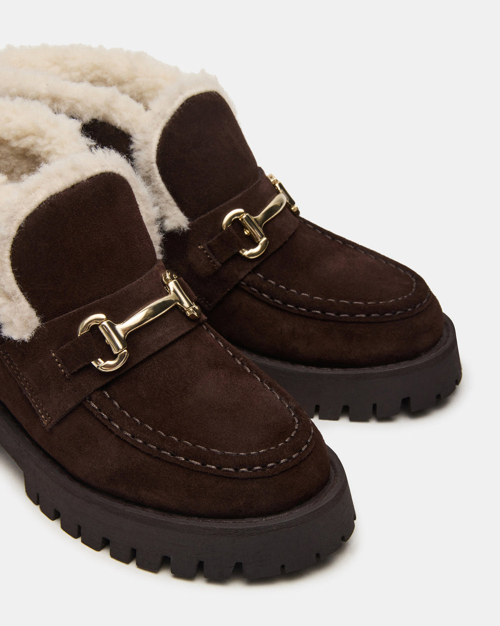 LEON Faux Fur Chocolae Brown Suede Platform Lug Sole Women's Loafer | Steve Madden for Sale