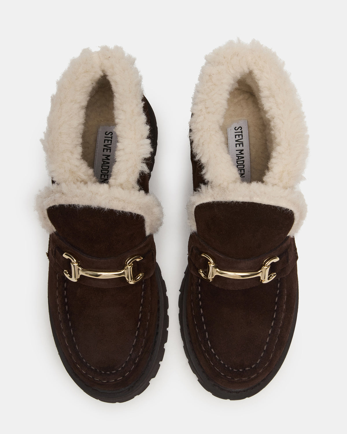 LEON Faux Fur Chocolae Brown Suede Platform Lug Sole Women's Loafer | Steve Madden for Sale