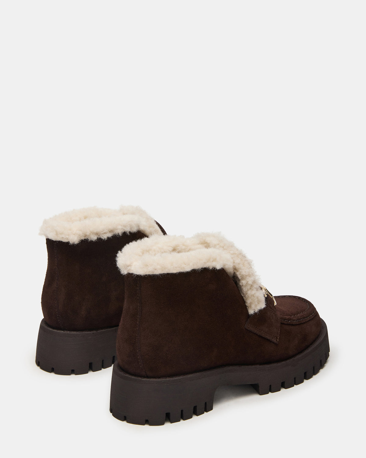 LEON Faux Fur Chocolae Brown Suede Platform Lug Sole Women's Loafer | Steve Madden for Sale