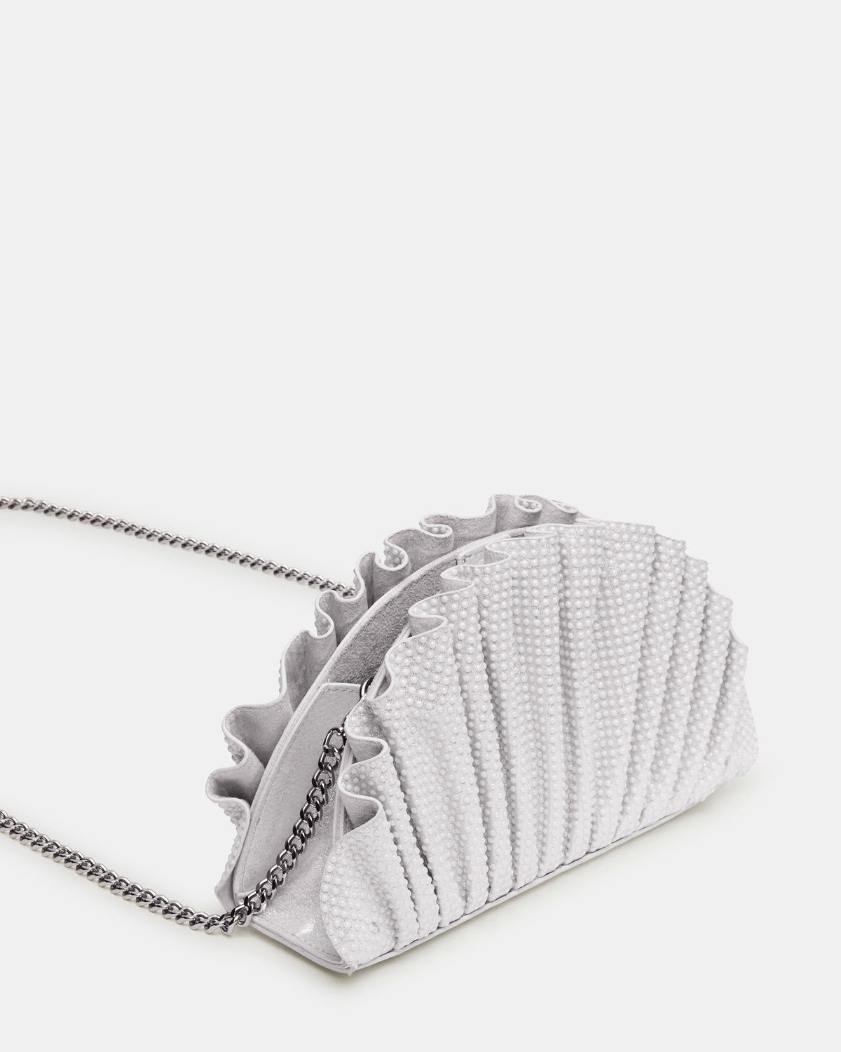 DELMAR Bag White Ruffled Pleated Semi-Circle Crossbody Clutch Handbag | Steve Madden outlet