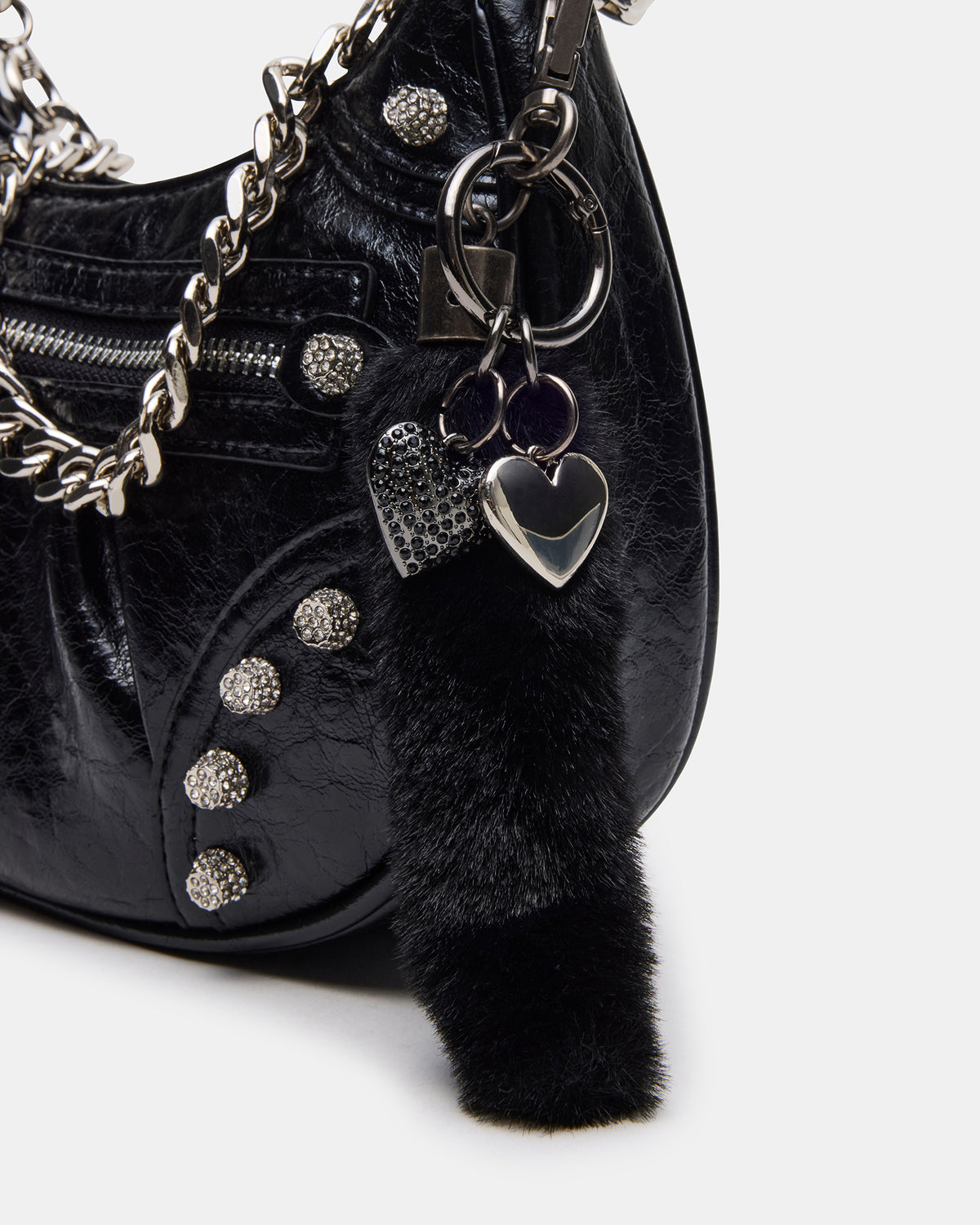ERIKA Bag Black Rhinestone Embellished Studded Crinkle Moto Crossbody Handbag | Steve Madden for Sale
