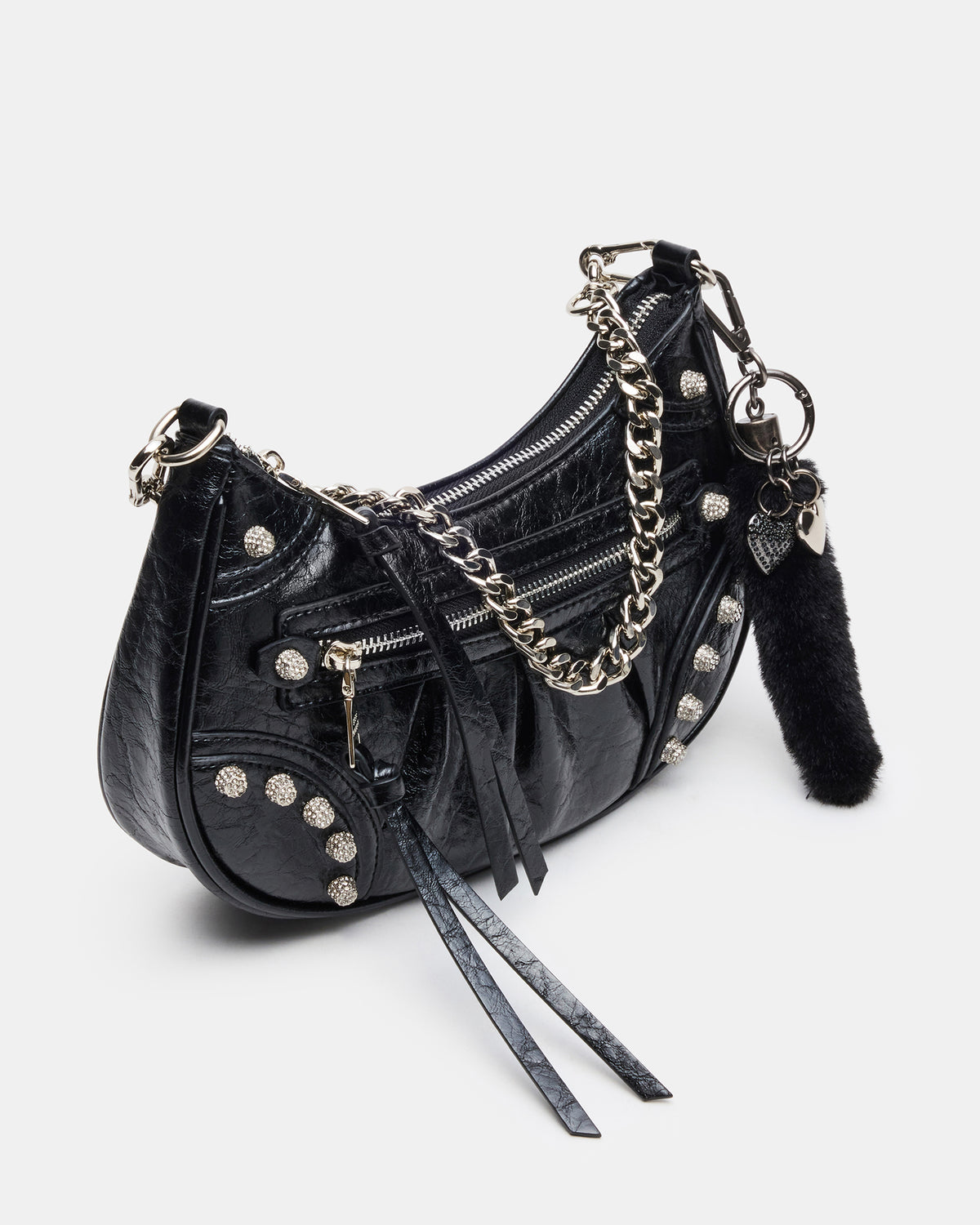 ERIKA Bag Black Rhinestone Embellished Studded Crinkle Moto Crossbody Handbag | Steve Madden for Sale