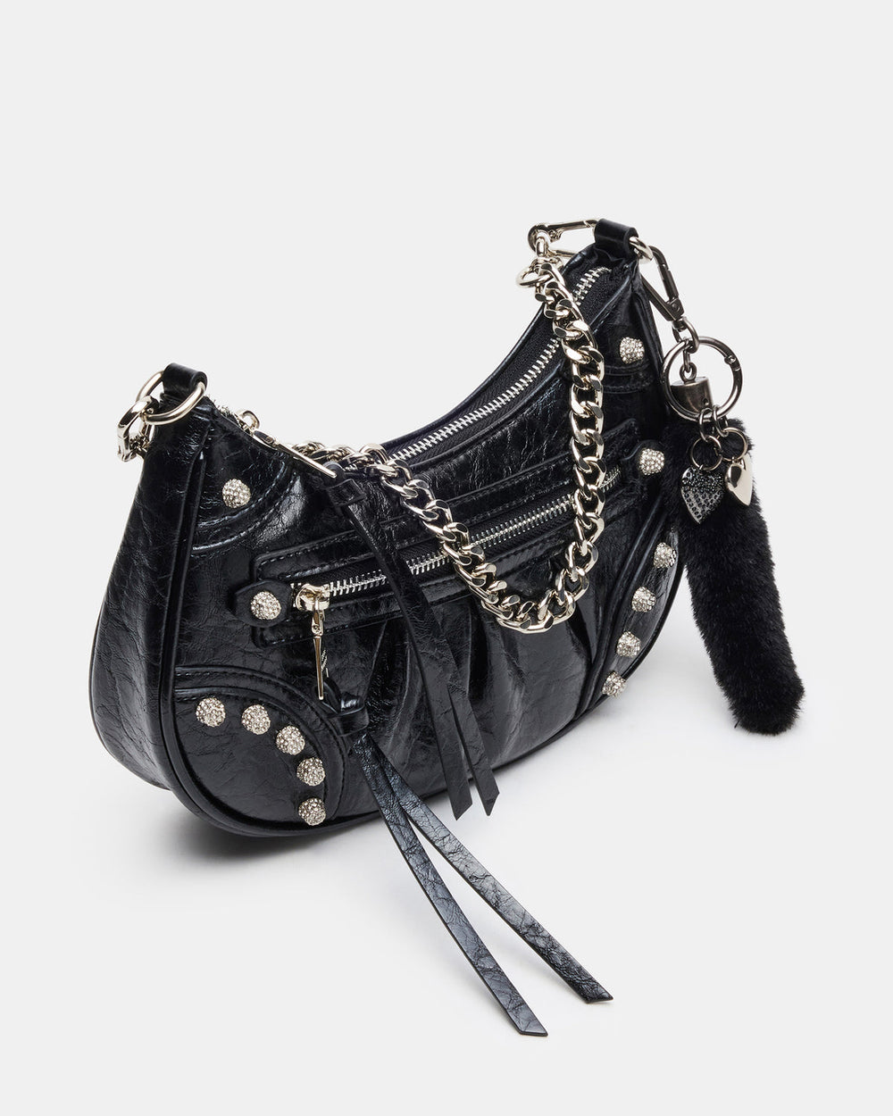 ERIKA Bag Black Rhinestone Embellished Studded Crinkle Moto Crossbody Handbag | Steve Madden for Sale