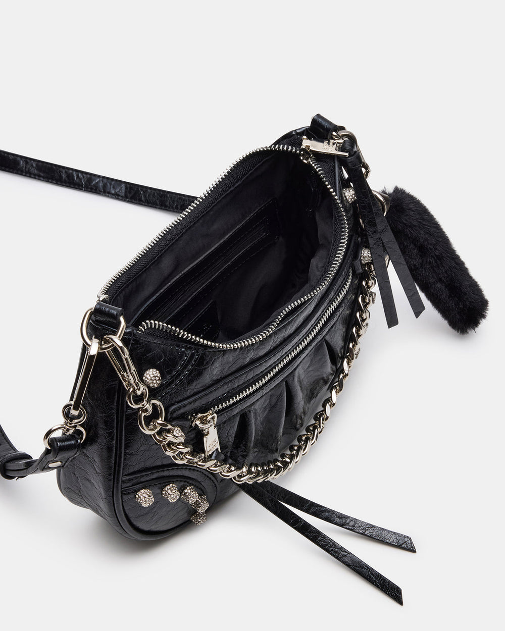 ERIKA Bag Black Rhinestone Embellished Studded Crinkle Moto Crossbody Handbag | Steve Madden for Sale