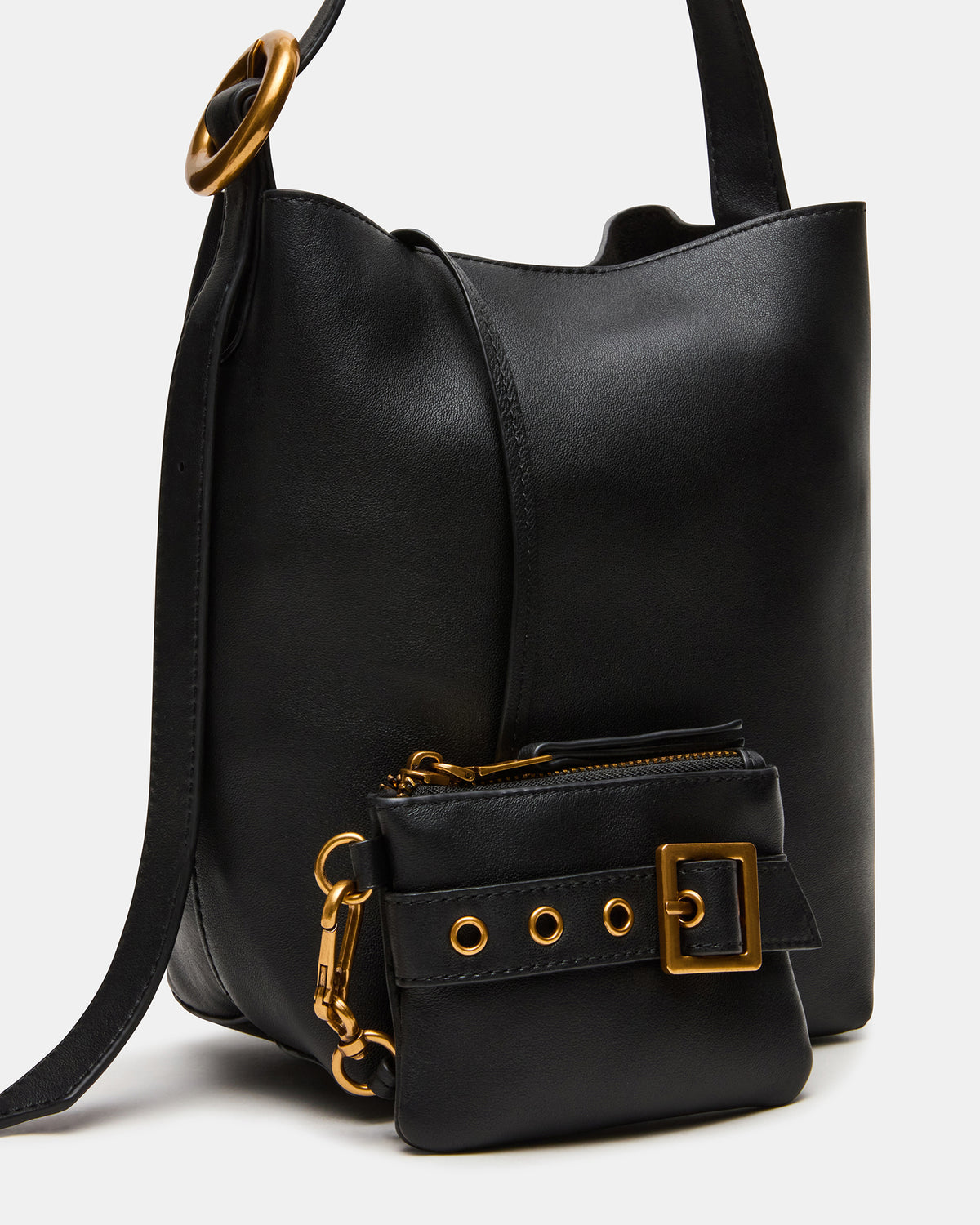 SOFIEE Bag Black Leather Shoulder Strap Bucket Tote Handbag | Steve Madden US