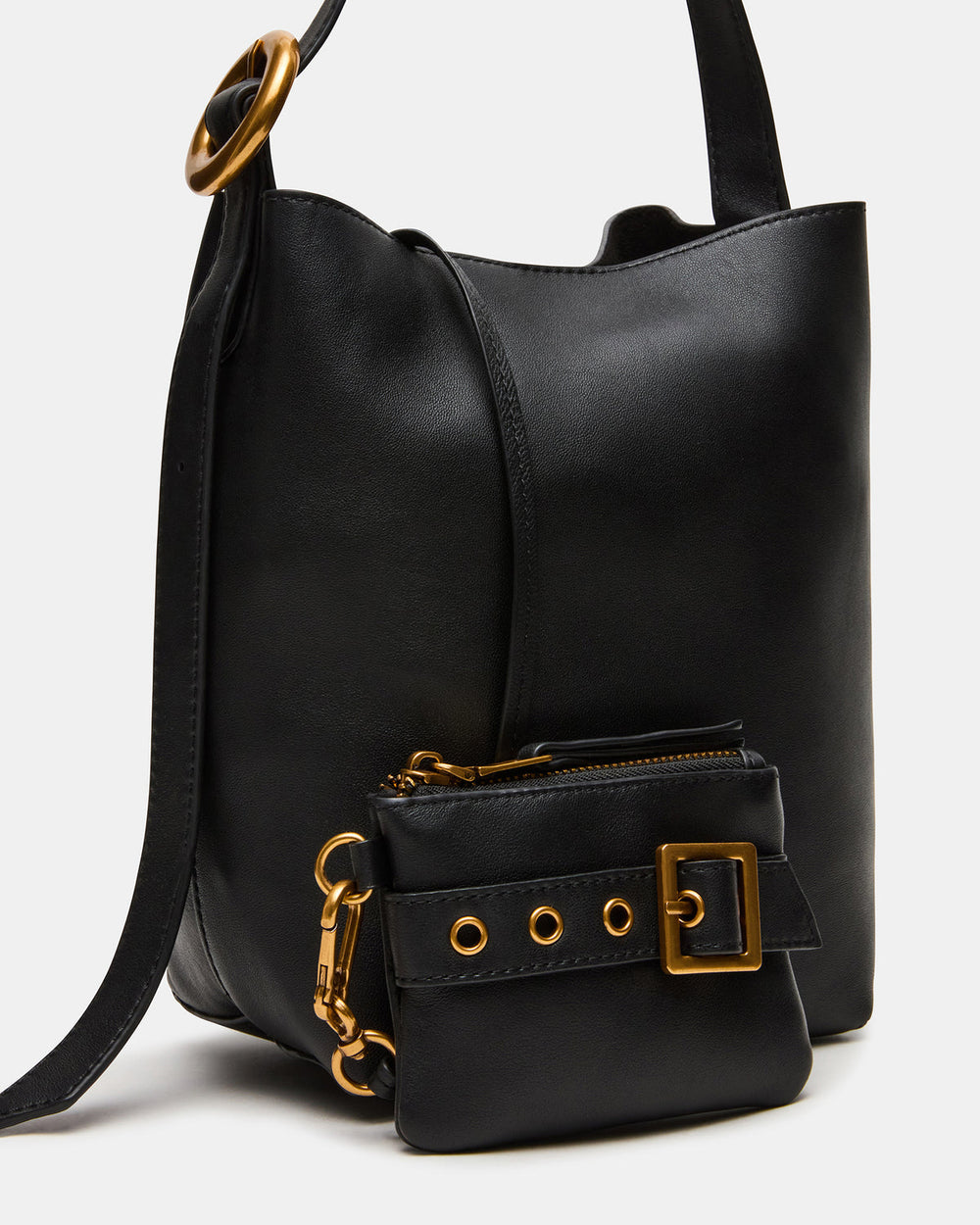 SOFIEE Bag Black Leather Shoulder Strap Bucket Tote Handbag | Steve Madden US