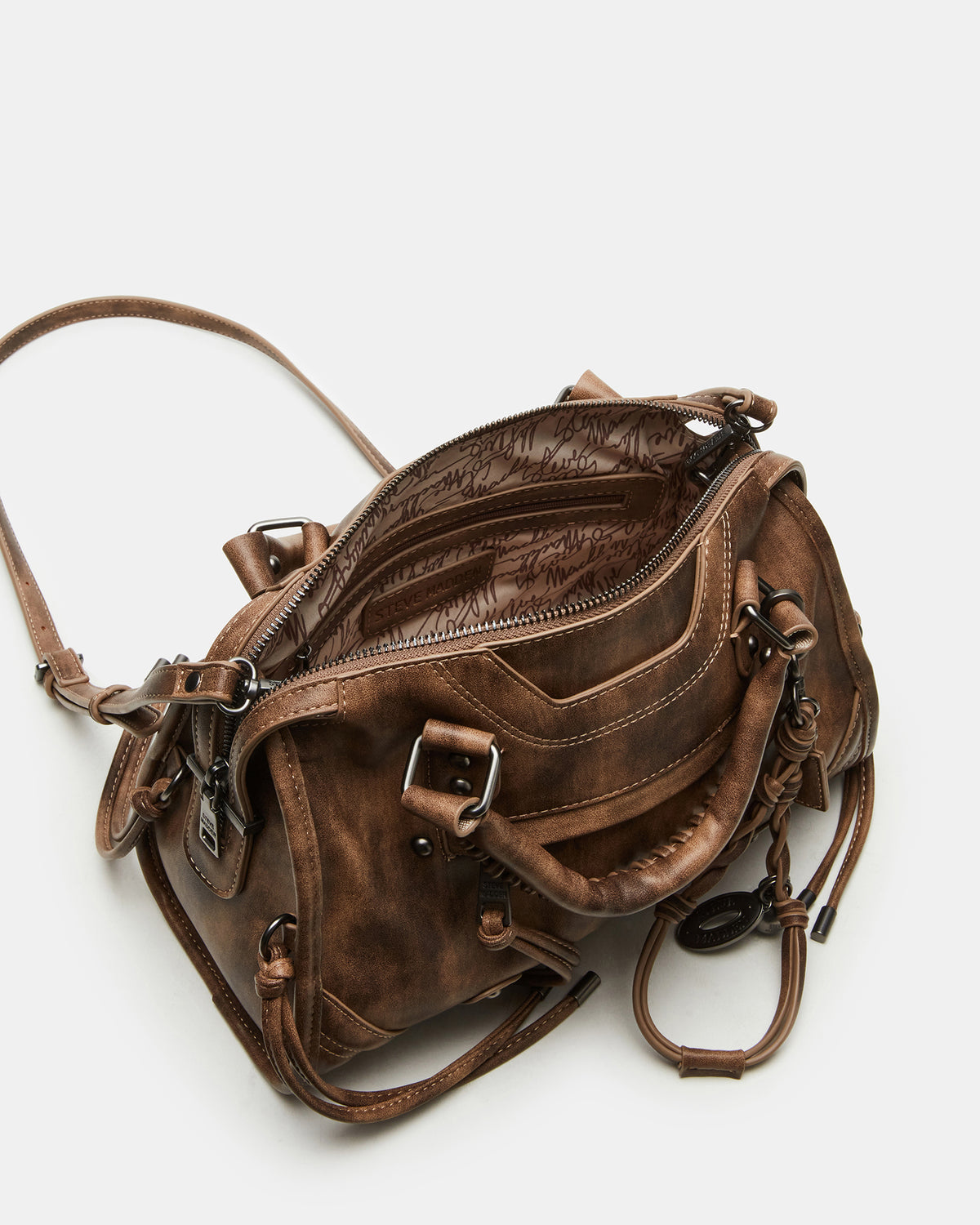 RIGGS Brown Distressed Slouchy Top-Handle Crossbody Satchel Handbag | Steve Madden near me