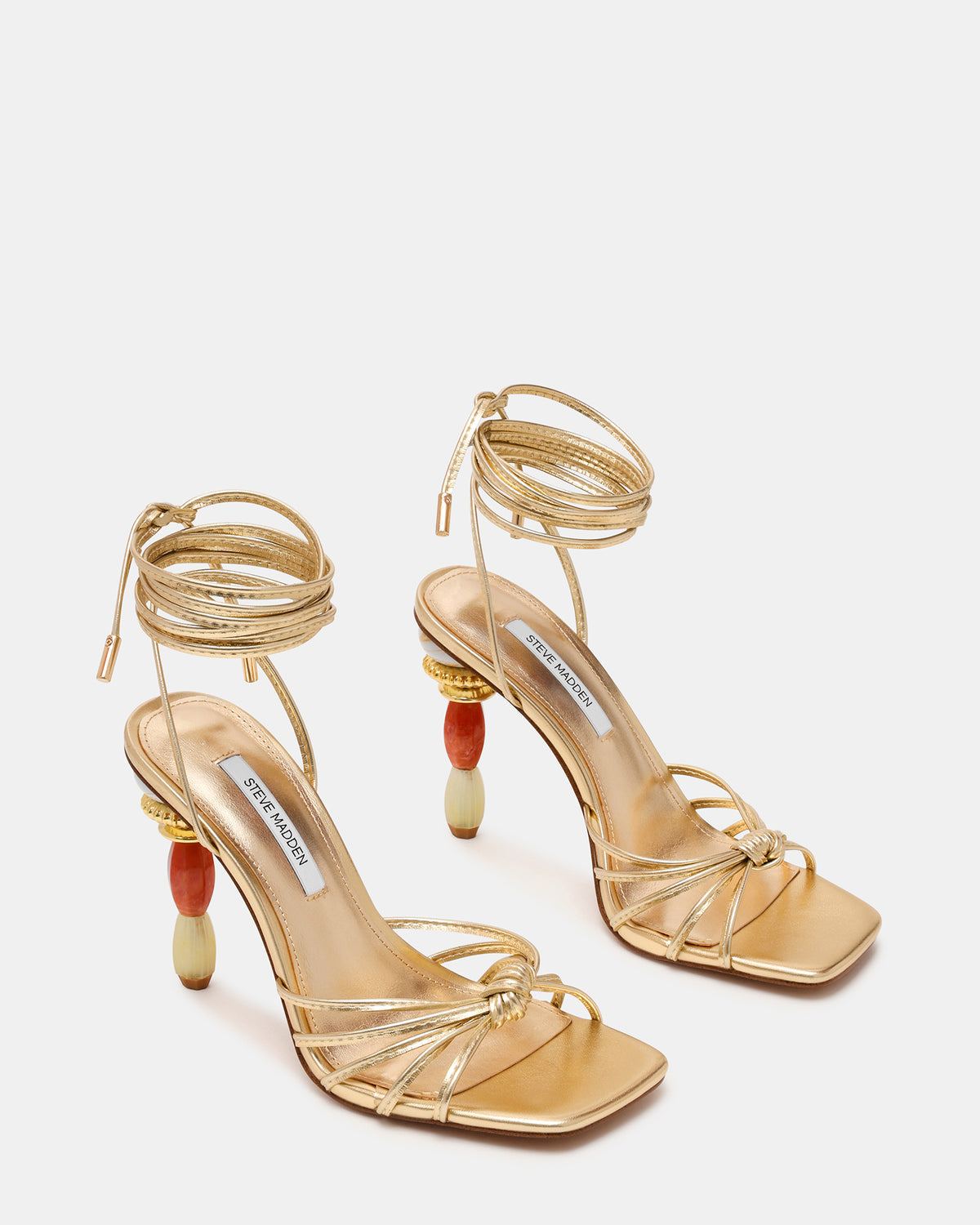 SOLENA Gold Strappy Leg-Tie Square-Toe Women's Sculptured Heel | Steve Madden US