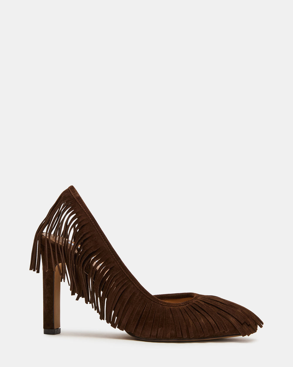 GREER Brown Suede Fringe Slingback Round-Toe Women's Heel | Steve Madden Sale