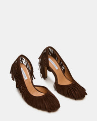 GREER Brown Suede Fringe Slingback Round-Toe Women's Heel | Steve Madden Sale