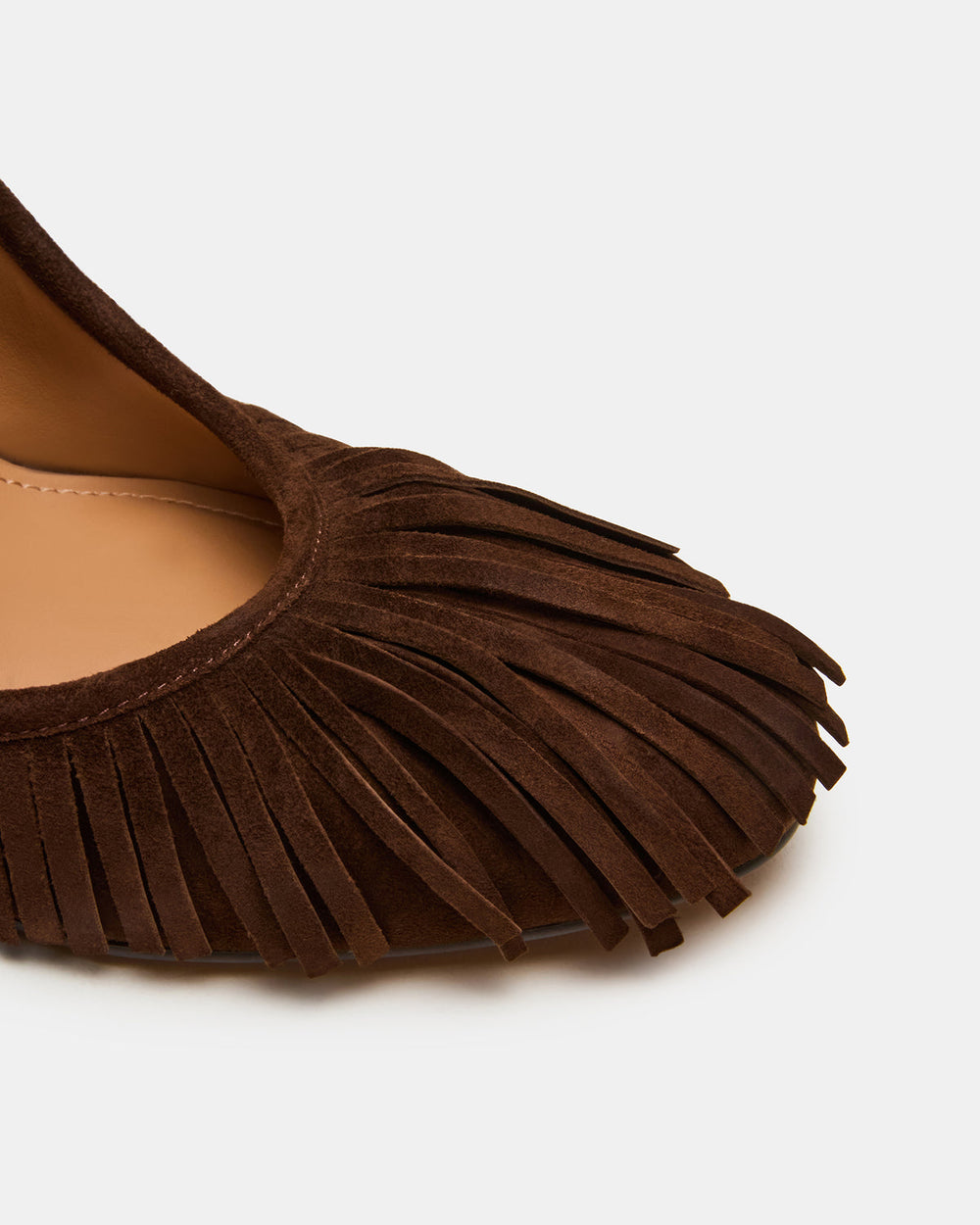 GREER Brown Suede Fringe Slingback Round-Toe Women's Heel | Steve Madden Sale