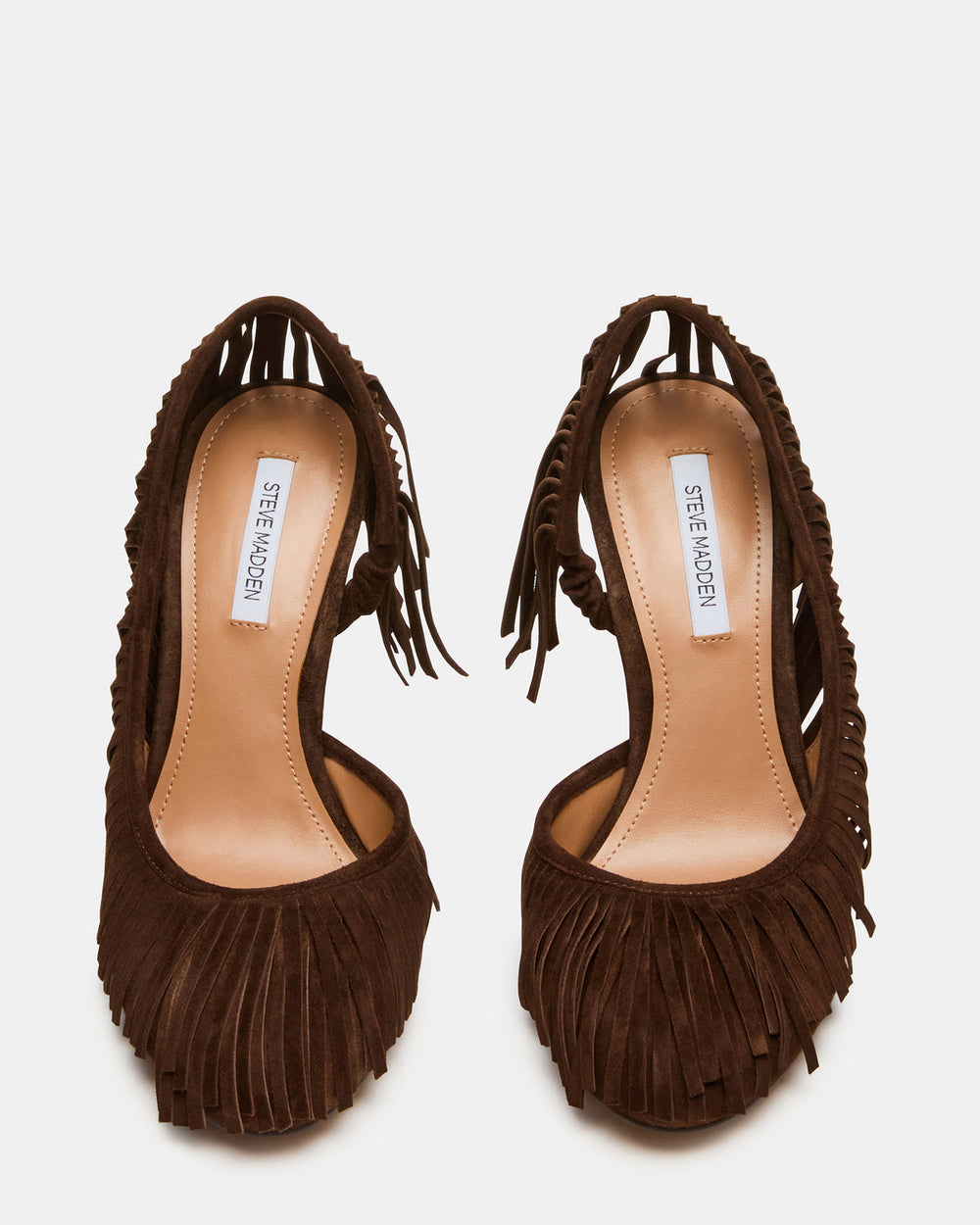 GREER Brown Suede Fringe Slingback Round-Toe Women's Heel | Steve Madden Sale