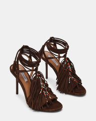 TALIA Brown Suede Fringe Beaded Stiletto Strappy Leg-Ties Women's Heel | Steve Madden for Sale