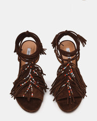 TALIA Brown Suede Fringe Beaded Stiletto Strappy Leg-Ties Women's Heel | Steve Madden for Sale