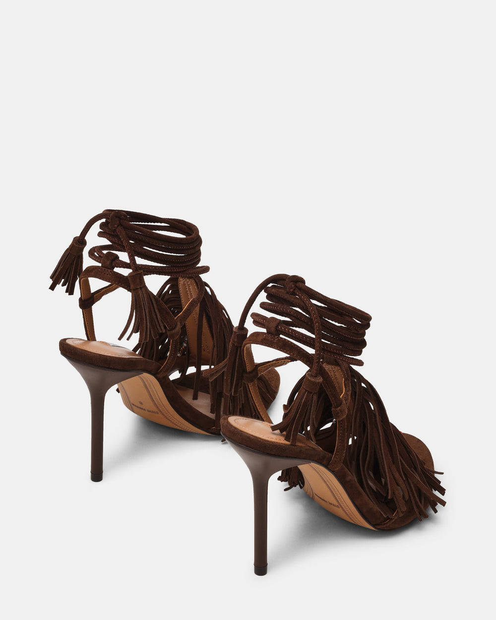 TALIA Brown Suede Fringe Beaded Stiletto Strappy Leg-Ties Women's Heel | Steve Madden for Sale