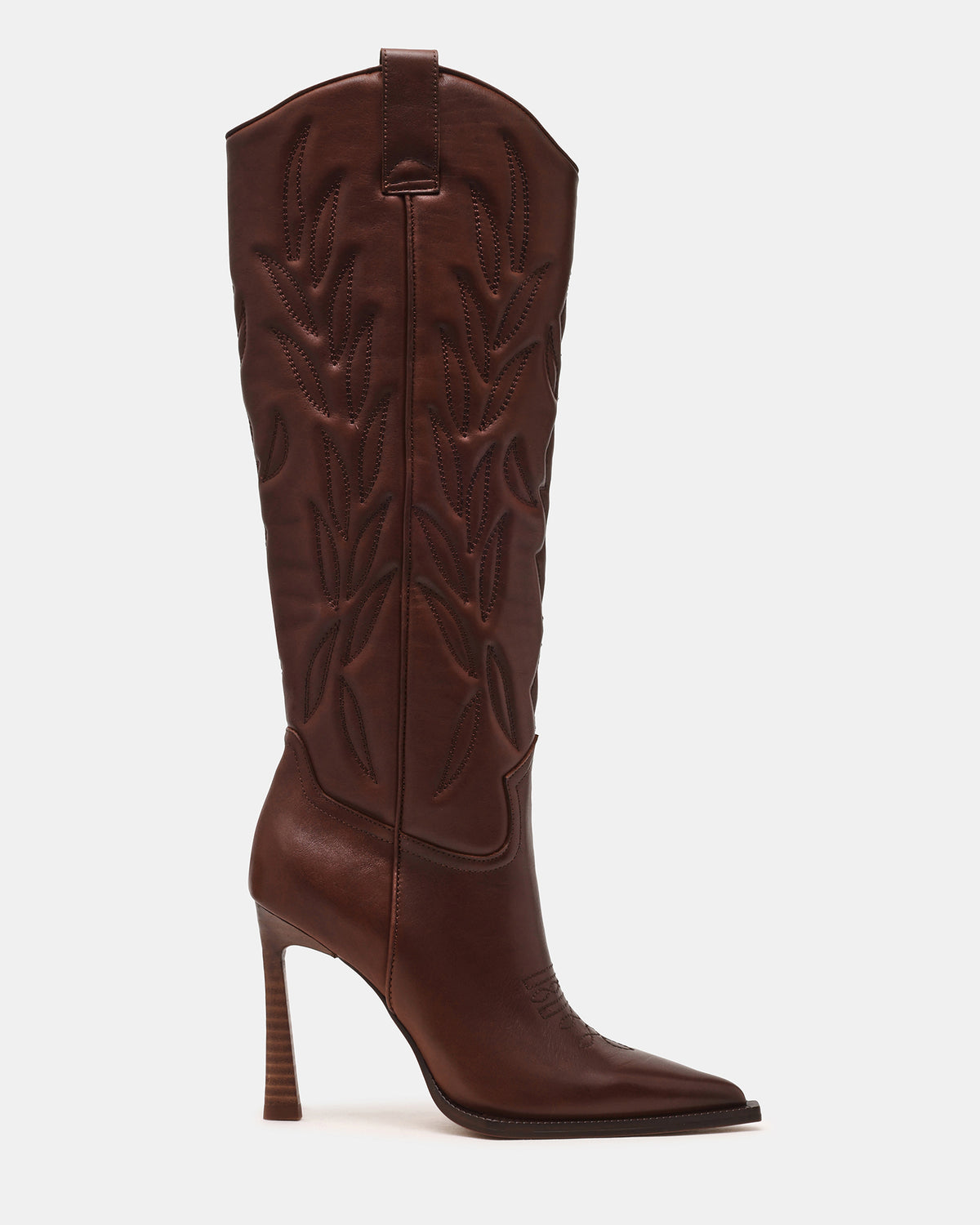 KINZEE Brown Leather Pointed-Toe Knee-High Western Stiletto Women's Boot | Steve Madden on Sale