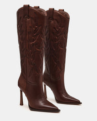 KINZEE Brown Leather Pointed-Toe Knee-High Western Stiletto Women's Boot | Steve Madden on Sale