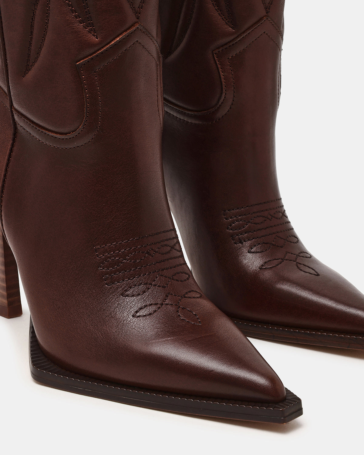 KINZEE Brown Leather Pointed-Toe Knee-High Western Stiletto Women's Boot | Steve Madden on Sale