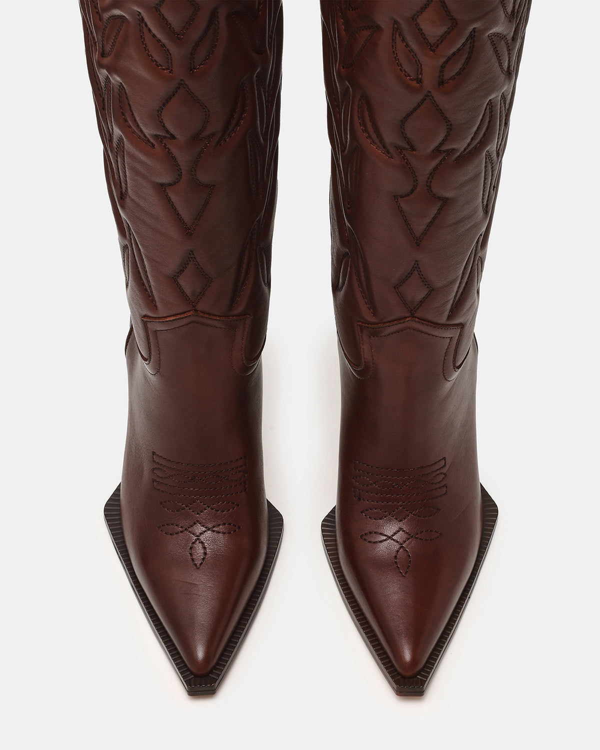 KINZEE Brown Leather Pointed-Toe Knee-High Western Stiletto Women's Boot | Steve Madden on Sale