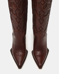 KINZEE Brown Leather Pointed-Toe Knee-High Western Stiletto Women's Boot | Steve Madden on Sale