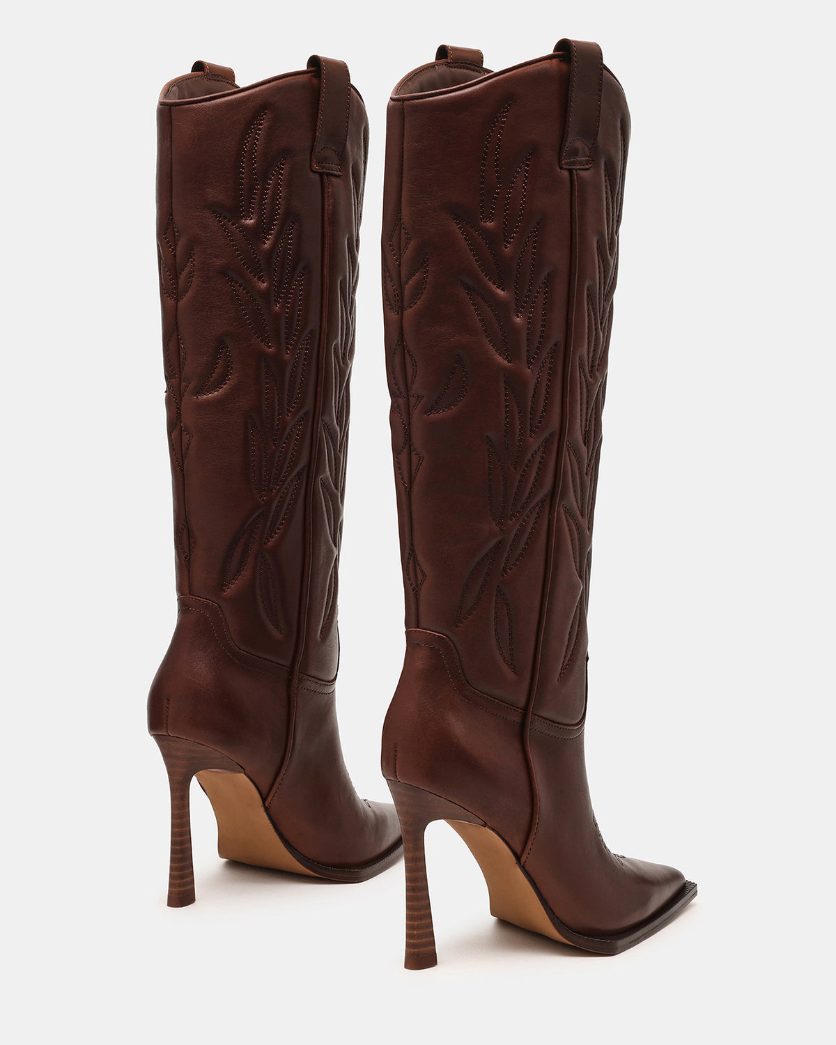 KINZEE Brown Leather Pointed-Toe Knee-High Western Stiletto Women's Boot | Steve Madden on Sale