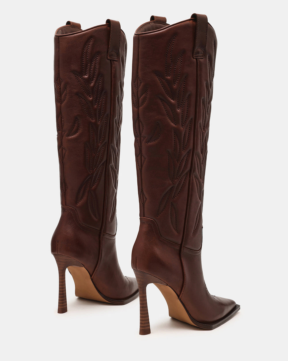 KINZEE Brown Leather Pointed-Toe Knee-High Western Stiletto Women's Boot | Steve Madden on Sale