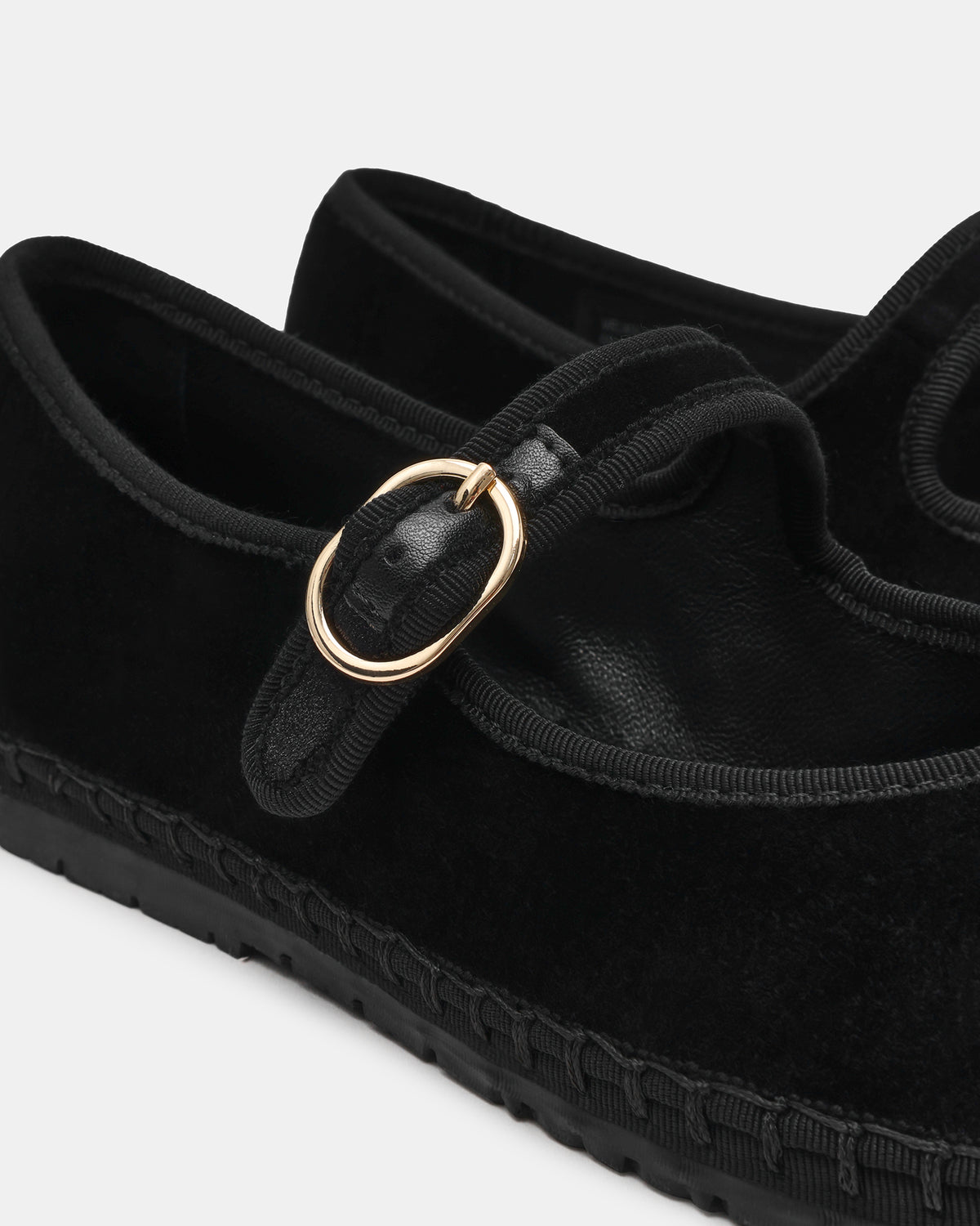 VELMA Black Velvet Mary Jane Gold-Detail Buckle Women's Flat | Steve Madden for Sale