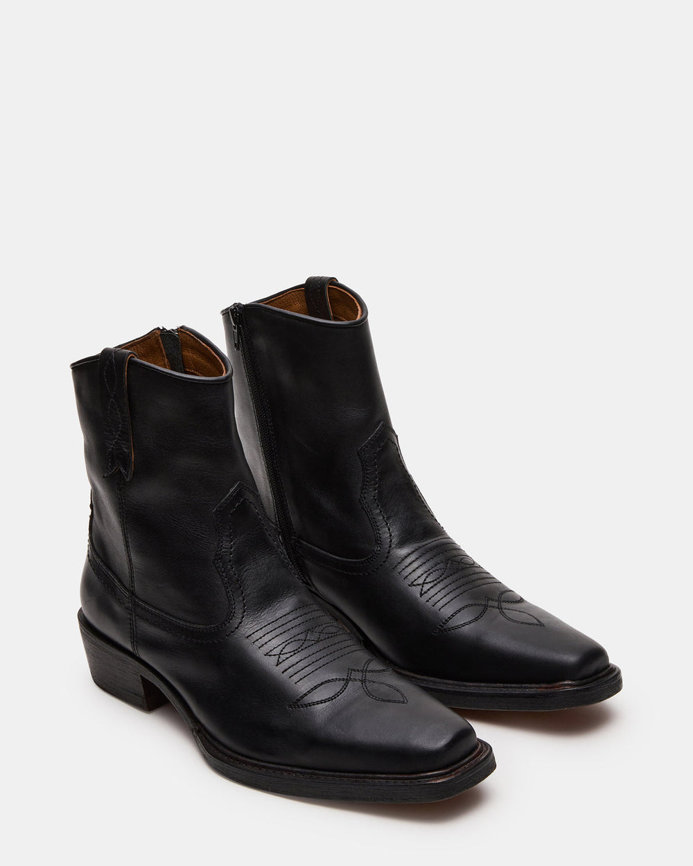 SANDERSON Black Leather Square-Toe Western Men's Ankle Boot | Steve Madden US