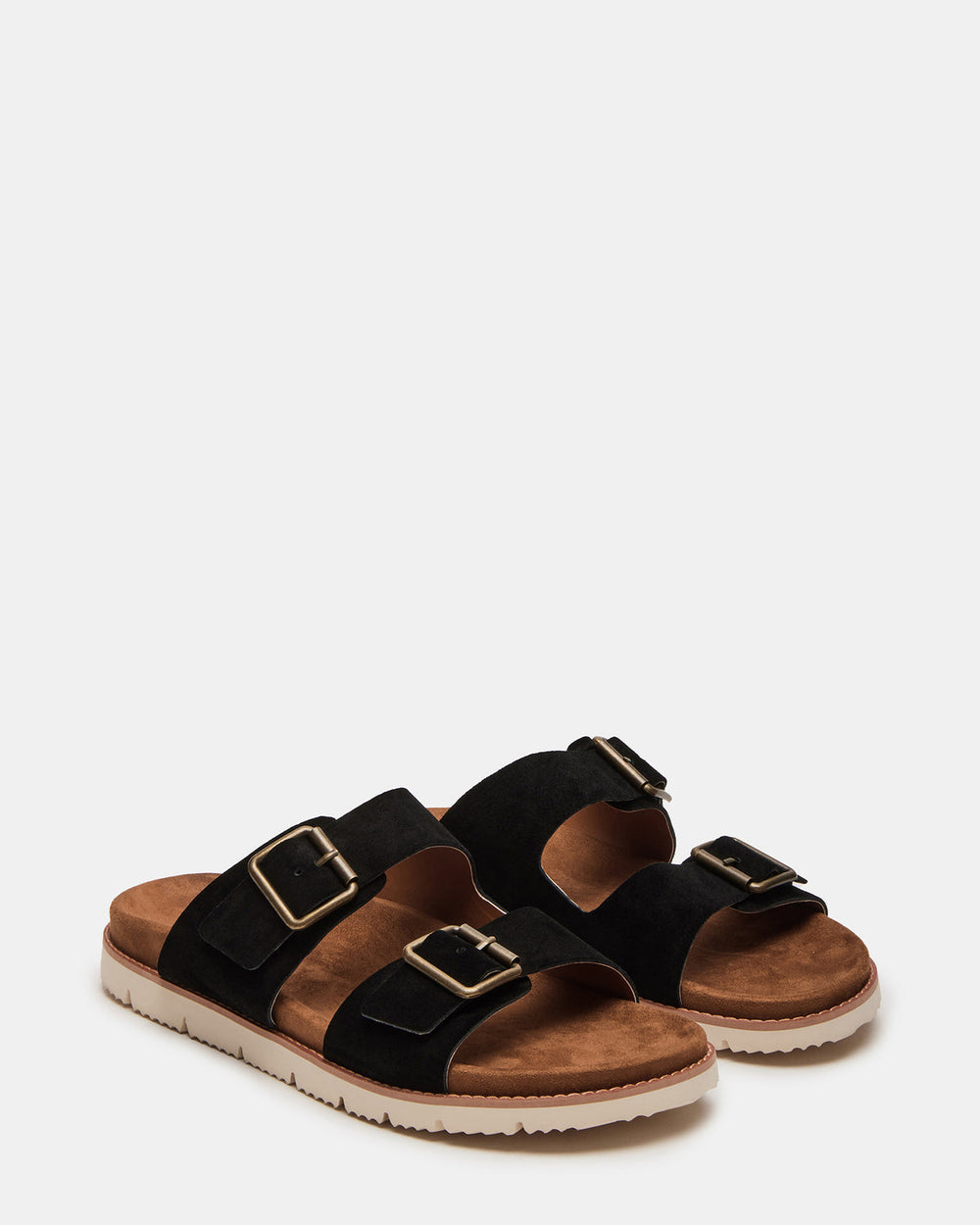 CORBAN Black Suede Men's Double Buckle Closure Footbed Sandal | Steve Madden Sale