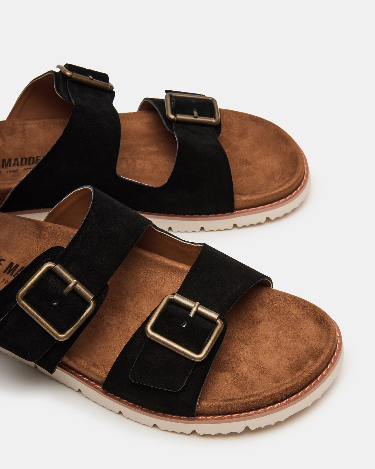 CORBAN Black Suede Men's Double Buckle Closure Footbed Sandal | Steve Madden Sale