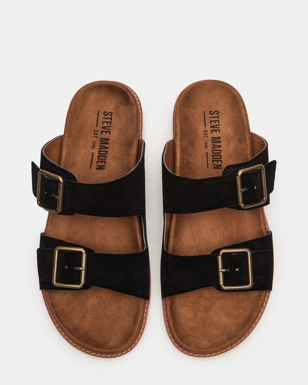 CORBAN Black Suede Men's Double Buckle Closure Footbed Sandal | Steve Madden Sale