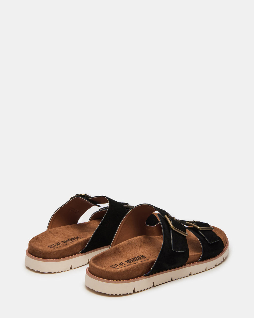 CORBAN Black Suede Men's Double Buckle Closure Footbed Sandal | Steve Madden Sale