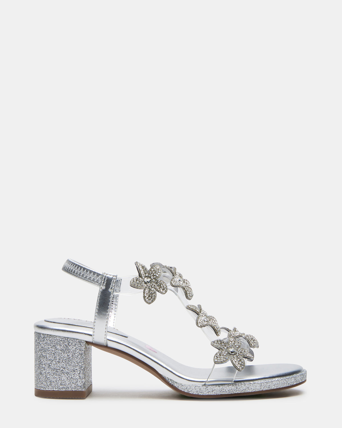 Kids' SAVVY Silver Girls' Strappy Rhinestone Block Heel | Steve Madden on Sale