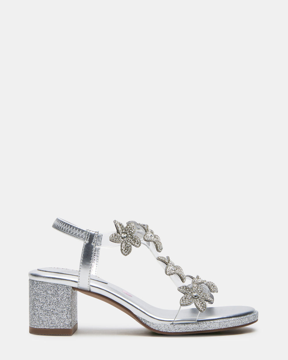 Kids' SAVVY Silver Girls' Strappy Rhinestone Block Heel | Steve Madden on Sale