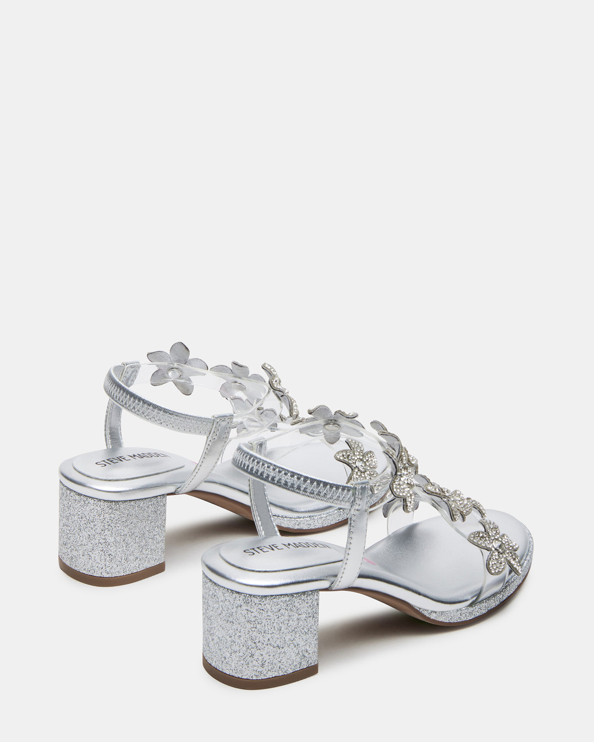 Kids' SAVVY Silver Girls' Strappy Rhinestone Block Heel | Steve Madden on Sale