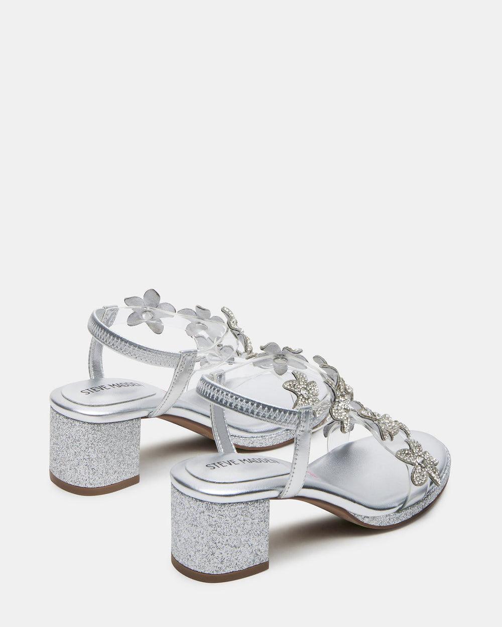 Kids' SAVVY Silver Girls' Strappy Rhinestone Block Heel | Steve Madden on Sale