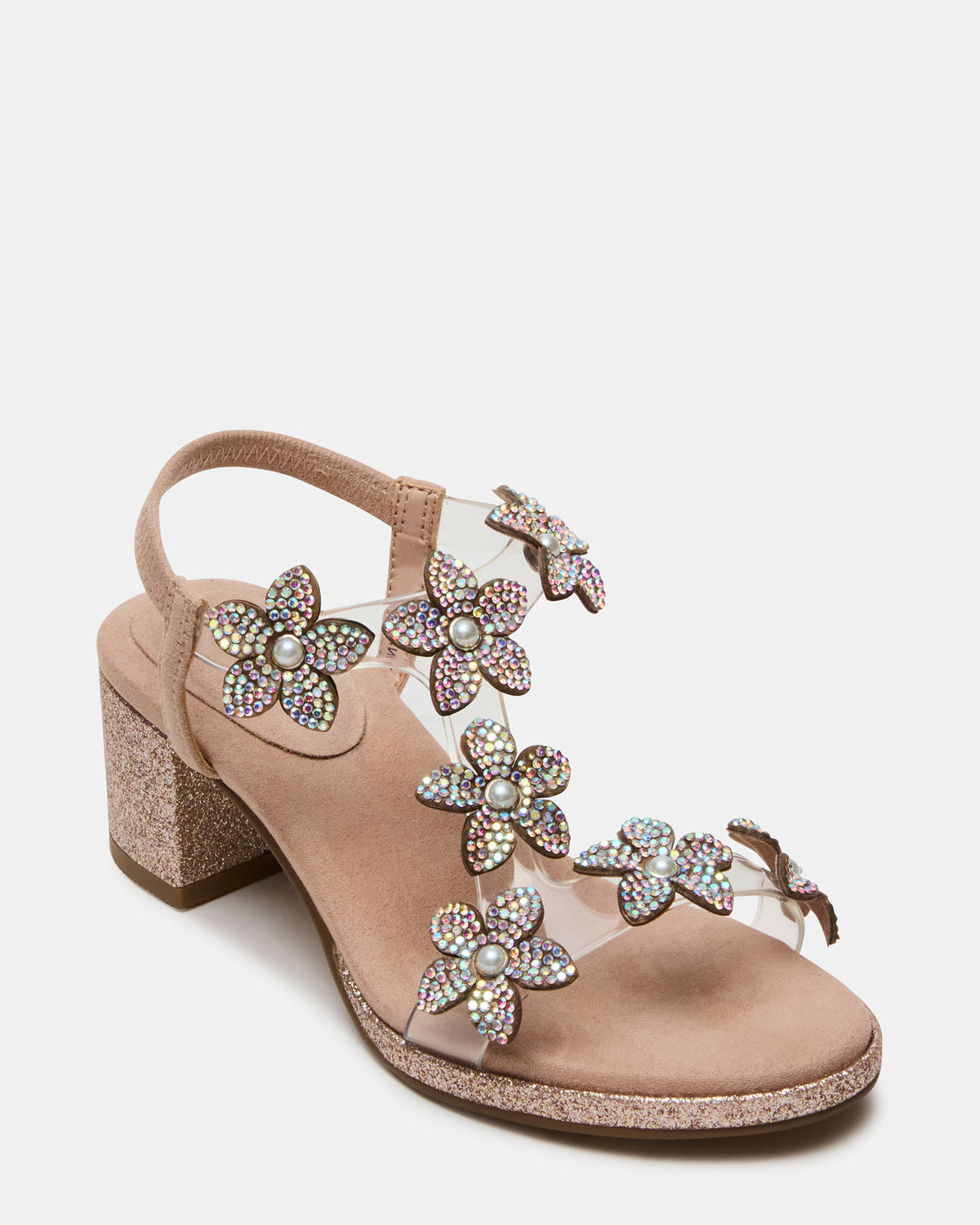 Kids' SAVVY Blush Girls' Strappy Rhinestone Block Heel | Steve Madden outlet