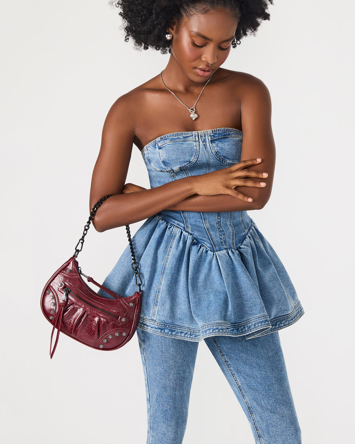 ERIKA Bag Wine Rhinestone Embellished Studded Crinkle Moto Crossbody Handbag | Steve Madden near me