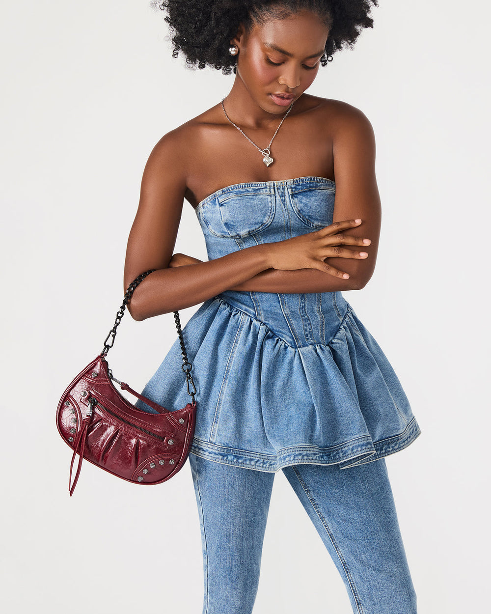 ERIKA Bag Wine Rhinestone Embellished Studded Crinkle Moto Crossbody Handbag | Steve Madden near me