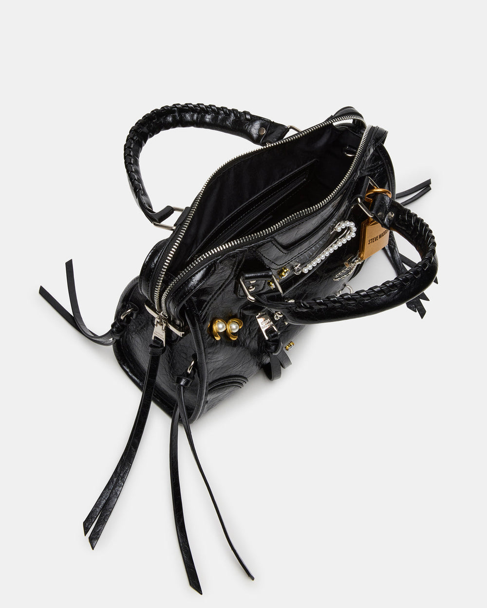 RIGGS Bag Embellished Black Distressed Slouchy Top-Handle Crossbody Satchel Handbag | Steve Madden online