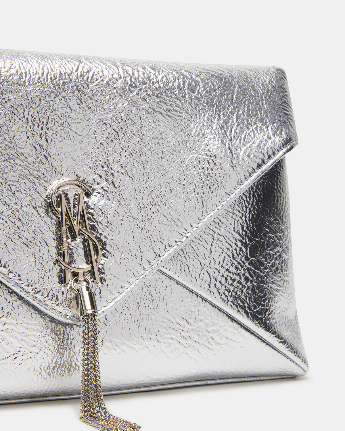 PARTAY Bag Silver Oversized Crinkle Envelope Logo Clutch Handbag | Steve Madden US