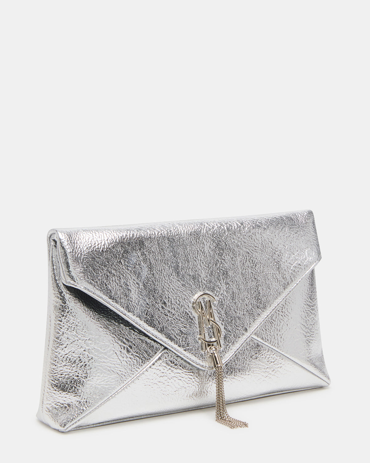 PARTAY Bag Silver Oversized Crinkle Envelope Logo Clutch Handbag | Steve Madden US