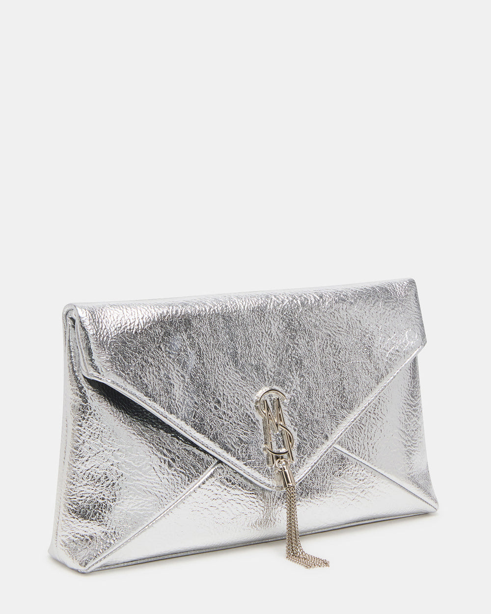PARTAY Bag Silver Oversized Crinkle Envelope Logo Clutch Handbag | Steve Madden US