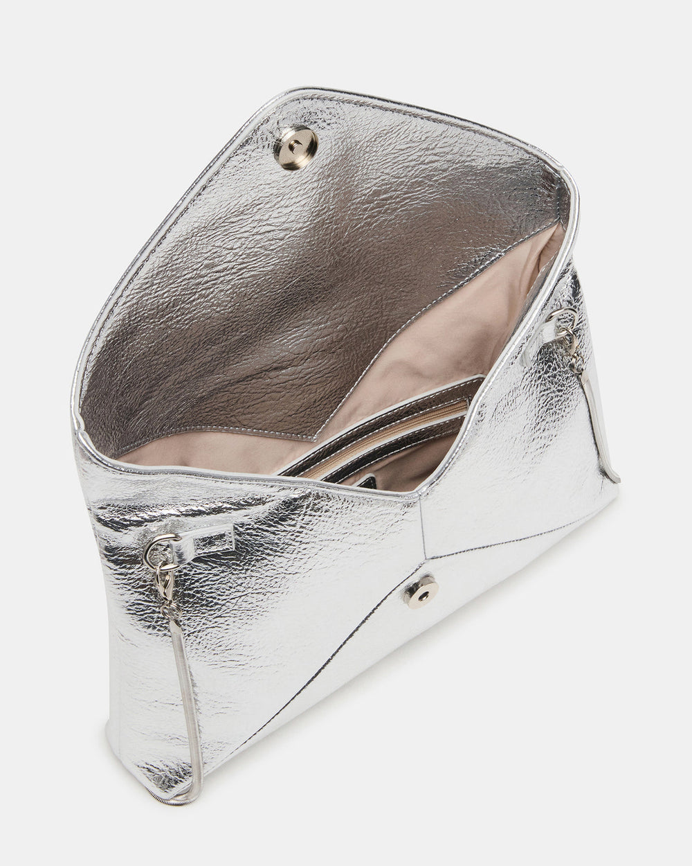 PARTAY Bag Silver Oversized Crinkle Envelope Logo Clutch Handbag | Steve Madden US