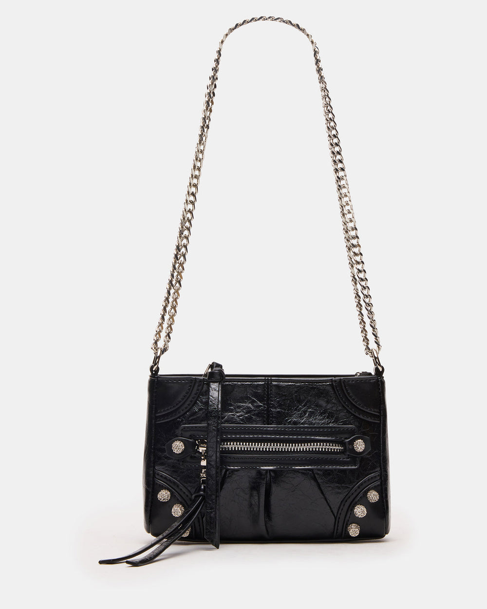 SKY Bag Black/Silver Moto Rhinestone Embellished Stud Crossbody Handbag | Steve Madden near me