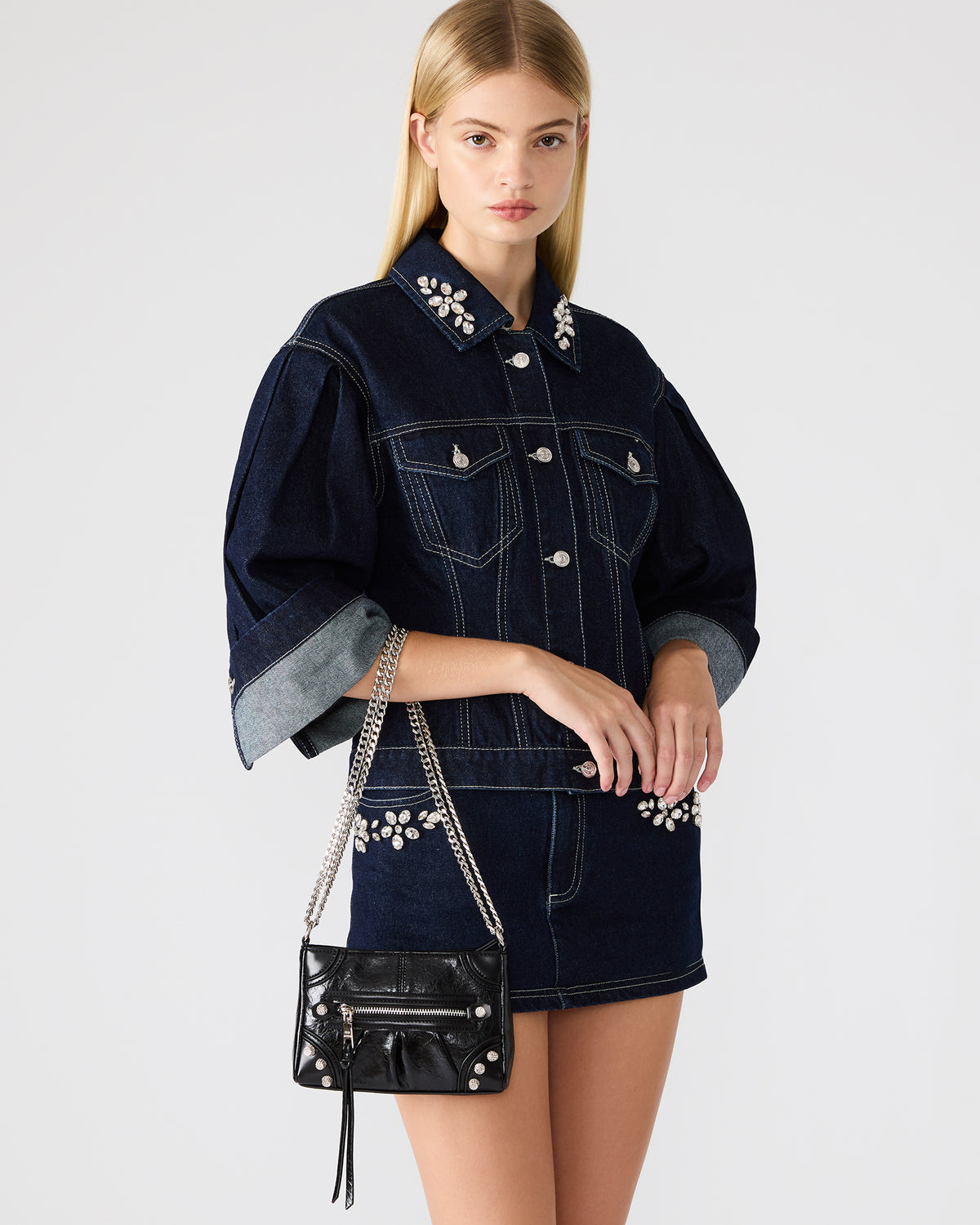 SKY Bag Black/Silver Moto Rhinestone Embellished Stud Crossbody Handbag | Steve Madden near me