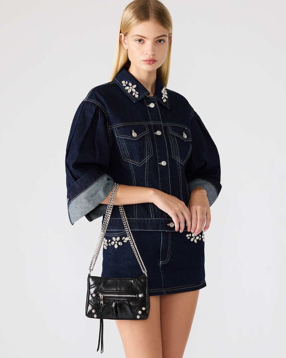 SKY Bag Black/Silver Moto Rhinestone Embellished Stud Crossbody Handbag | Steve Madden near me