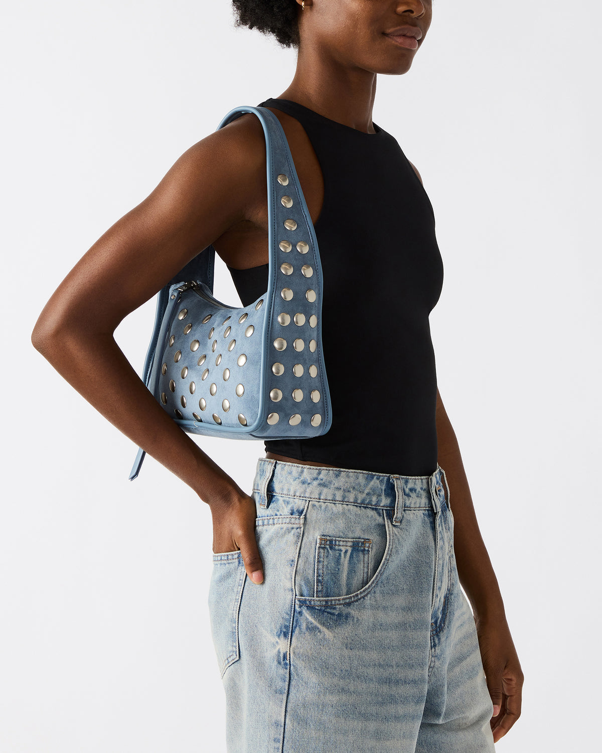 CHEYANN Bag Light Blue Hobo Dome-Studded Shoulder Strap Women's Handbag | Steve Madden Sale